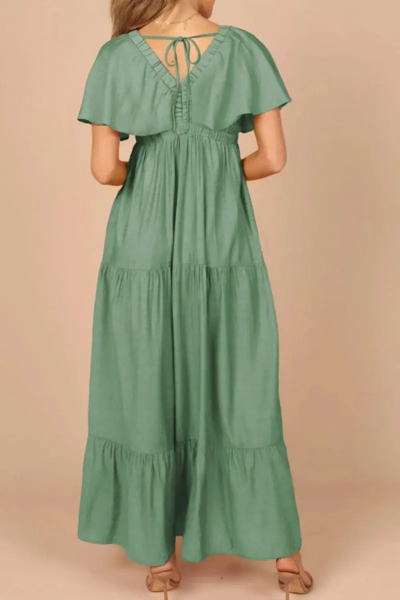 Ruffled V Neck Flutter Sleeve Maxi Dress for Women - Love Salve